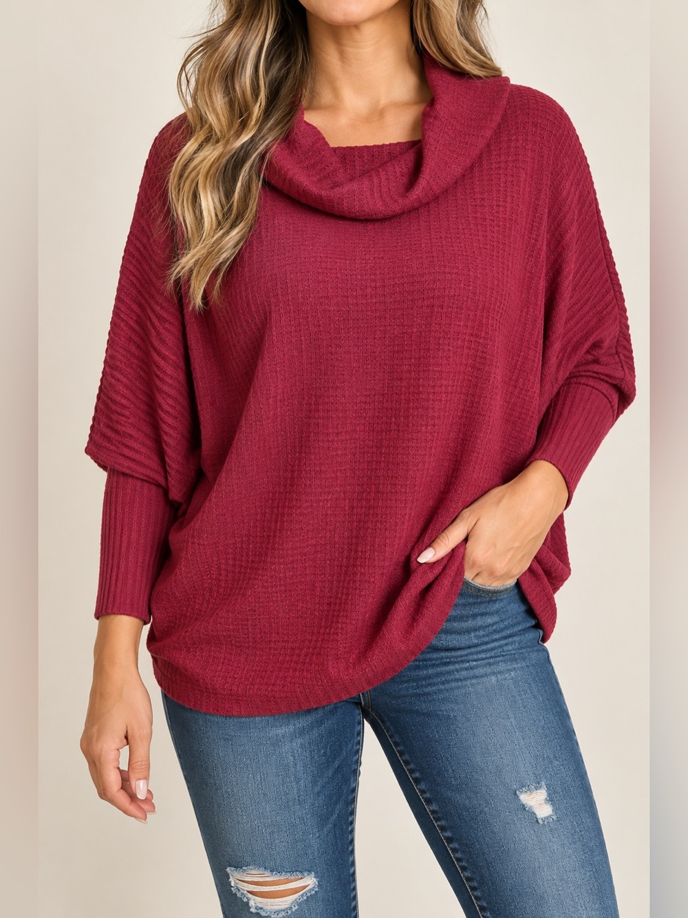 Pink Lily Medium Burgundy Waffle Knit Dolman Batwing Cowl Neck Sweater